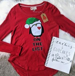 NWT Poof! | red "On The List" penguin  top